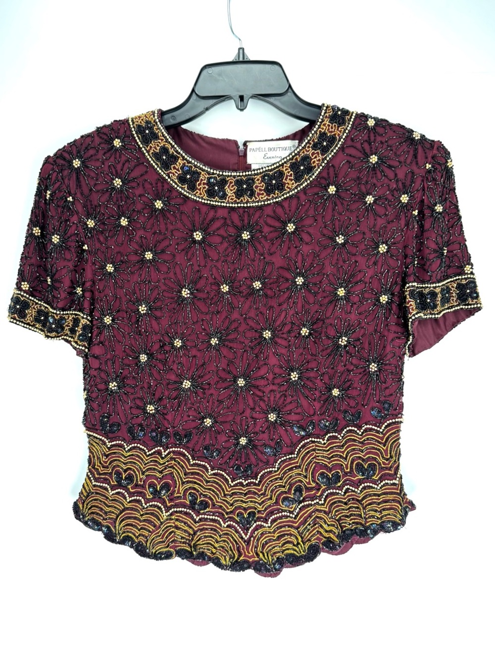 Vintage 90s Papell Boutique Burgundy Beaded Floral Silk Short-Sleeve Top